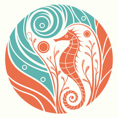 Fototapeta premium Stylized orange seahorse swims through turquoise waves and coral in a circular design with a cream background