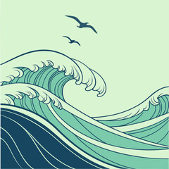 Stylized illustration of rolling ocean waves in shades of blue and green with two silhouetted birds flying in the pale green sky