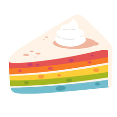 Colorful Cake Slice with Rainbow Layers and Whipped Cream on Transparent Background
