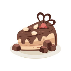 Slice Of Chocolate Cake With Decorative Topping On White Plate Isolated Background