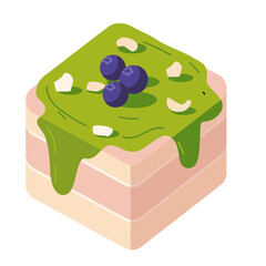 Isometric View of Matcha Cake with Berries and Nuts Isolated on Transparent Background