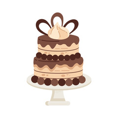 Two Tier Chocolate Cake with Vanilla Cream on Top displayed on a White Stand and Transparent Background