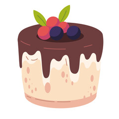 Isolated Vector Illustration of a Layered Dessert Cake with Chocolate Frosting and Berries on Top