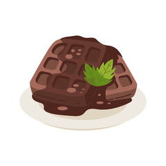 Chocolate Waffles on a White Plate with Mint Garnish against Transparent Background