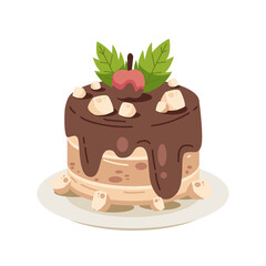 Pixelated Chocolate Cake With Cherry And Mint Leaves On White Plate And Transparent Background