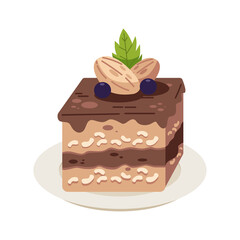 Square Dessert with Layered Textures Almonds and Berries on Plate with White Background