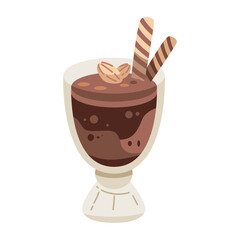 Pixelated Chocolate Dessert In A Transparent Glass With Beige Base And Brown Wafer Sticks on White Background