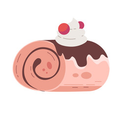 Pink Pixelated Cake Roll with White Cream and Red Cherries Isolated on Transparent Background