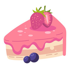 Sweet Pixelated Dessert Slice with Pink Frosting and Berries on Transparent Background