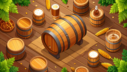 Isometric Wooden Barrels and Corn on a Rustic Wooden Floor with Green Foliage.