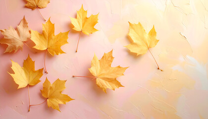 Autumnal Serenity - Golden Maple Leaves on a Soft Pink Surface.