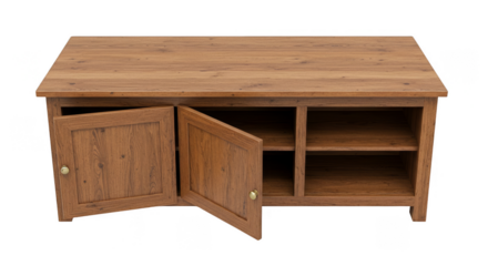 Isolated realistic wooden tv stand with doors open neutral background