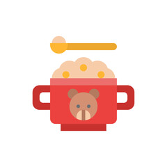 Baby Food Bowl With Teddy Bear Design and Spoon Isolated on White Background Simple Flat Illustration