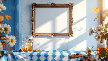 Empty ornate picture frame on a table with flowers and drinks.