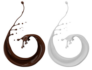 Milk and chocolate splash. Milkshake and melted brown choco isolated on white background. 3d render.
