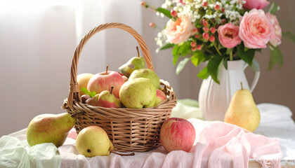 Still Life with Fruit Basket and Flowers on Table.