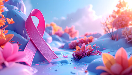 Pink Ribbon Symbolizing Breast Cancer Awareness Amidst a Dreamy Landscape.