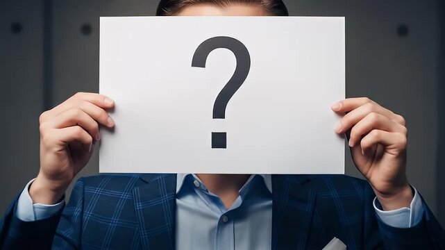 Man in suit covers face with question mark sign	