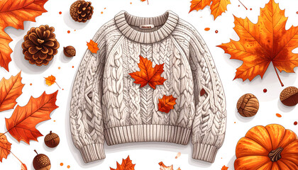 Cozy Autumn Sweater with Fall Leaves and Pinecones on White Background.