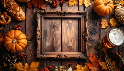Autumnal Feast - A Rustic Thanksgiving Still Life with Pumpkins and Frame.