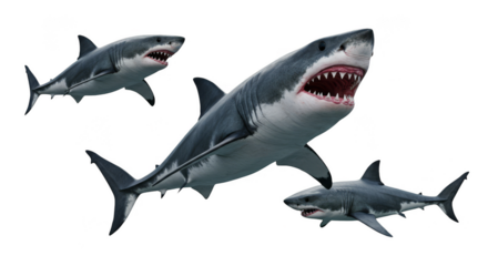 Isolated Three Great White Sharks Underwater Realistic PNG