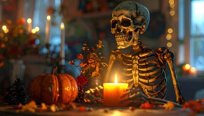 Halloween Skeleton with Pumpkin and Candle in Festive Setting.