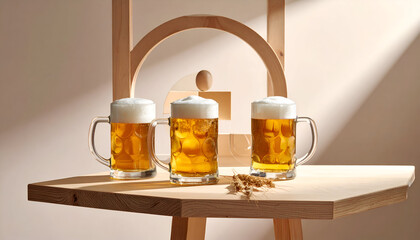 Three mugs of beer on a wooden table with almonds.