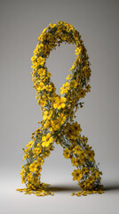 Obraz premium Floral yellow awareness ribbon made of delicate flowers symbolizing hope and faith for hostages. Minimalistic artistic composition with soft natural light expressing solidarity and remembrance