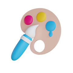 3D Render of a Light Beige Artist Palette with Primary Colored Paint and a Blue Paintbrush on Transparent Background