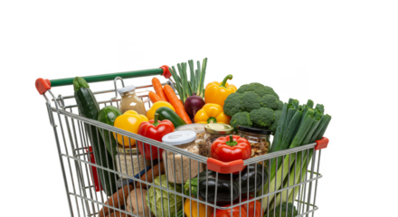 Photo Fresh Vegetables and Food in Shopping Cart Isolated