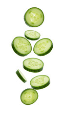 Photo of Sliced Cucumbers Falling Isolated on Black Background