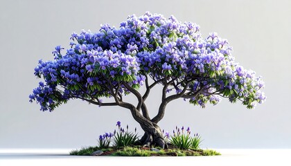 Purple Blossomed Bonsai Tree in Garden Setting.