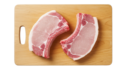 Photo Raw Pork Chops on Wooden Cutting Board Overhead View