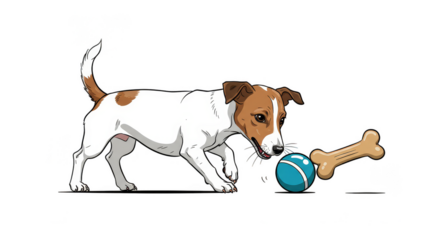 Pixel art illustration of a dog playing with a ball and bone