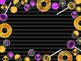 ハロウィン向け、オレンジ色と黒色のかわいいお菓子のイラストフレーム