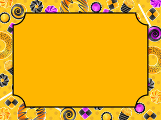 ハロウィン向け、オレンジ色と黒色のかわいいお菓子のイラストフレーム