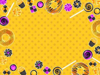 ハロウィン向け、オレンジ色と黒色のかわいいお菓子のイラストフレーム