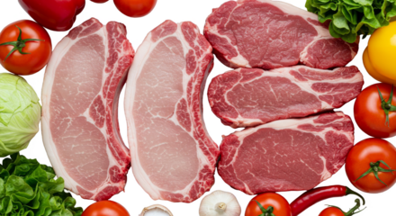 Raw Pork Chops Surrounded by Fresh Vegetables Isolated White Background Realistic Photo