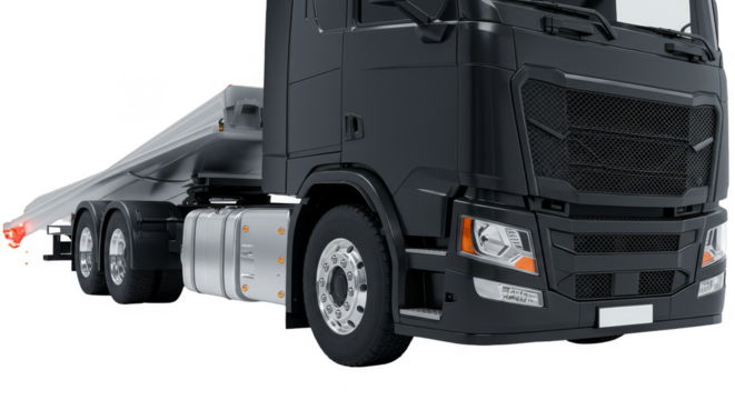 Realistic 3D Black Semi Truck Trailer Isolated On Transparent Background