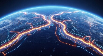 Glowing lines of orange and blue energy trace across the surface of a planet, illuminating the contours of the globe in a futuristic visualization against a dark, starry background.