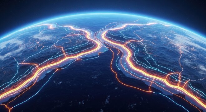 Glowing lines of orange and blue energy trace across the surface of a planet, illuminating the contours of the globe in a futuristic visualization against a dark, starry background.