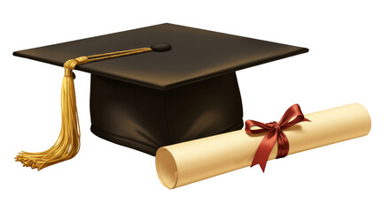 Realistic Graduation Cap Tassel And Diploma Scroll Rolled Up Tied Red Ribbon