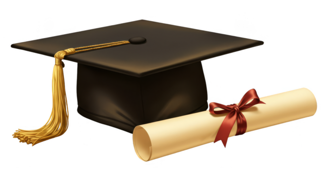 Realistic Graduation Cap Tassel And Diploma Scroll Rolled Up Tied Red Ribbon - Powered by Adobe