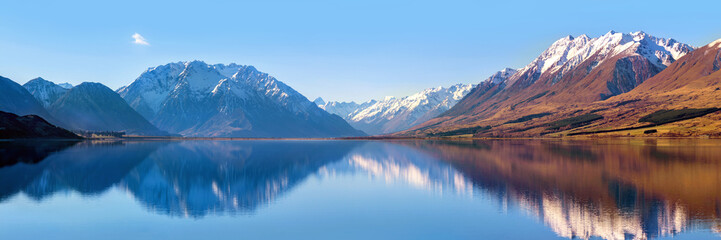 Picturesque Lake Ohau and Southern Alps winter panorama
