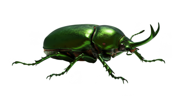 Realistic Isolated Green Beetle with Horns and Shiny Shell