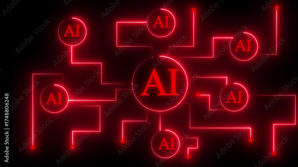 Wall mural Artificial intelligence (AI) and machine learning concept. Abstract technology background.Neon AI Circuit Board Technology Background Animation. Artificial Intelligence Chip with Glowing .4k