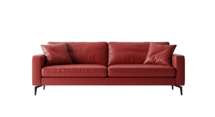 Realistic red leather sofa with pillows isolated on black background