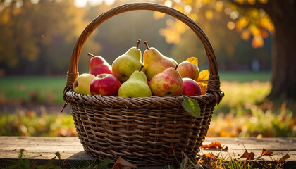 Basket of Autumn Fruits - Apples and Pears in Sunlight.