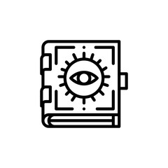 Black and White Line Art Icon of an Open Book with an All-Seeing Eye Symbol and Sun Rays on a...