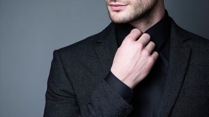 Stylish Attire: A Man in a black shirt, adjusts his black suit, exuding confidence and sophistication, showcasing his polished appearance and impeccable style.